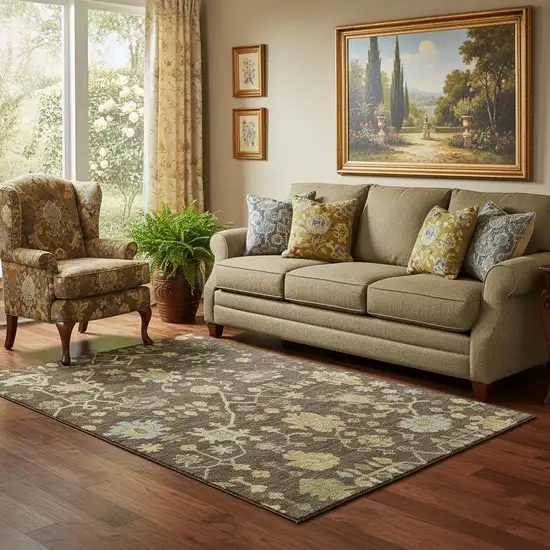 Brown Gold And Blue Floral Washable Area Rug With UV Protection Photo 2