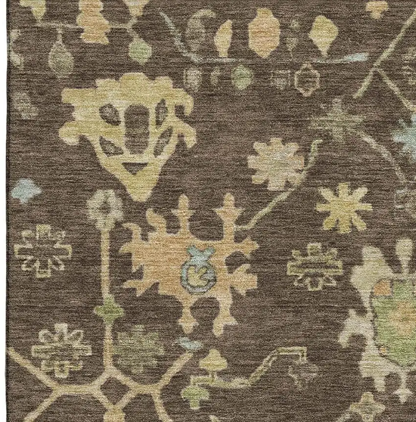 Brown Gold And Blue Floral Washable Area Rug With UV Protection Photo 3