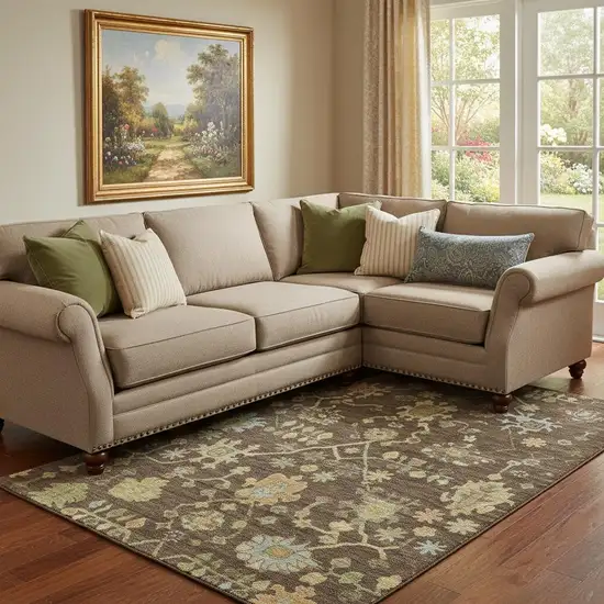 Brown Gold And Blue Floral Washable Area Rug With UV Protection Photo 2