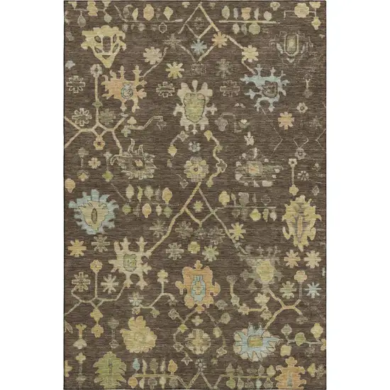 Brown Gold And Blue Floral Washable Area Rug With UV Protection Photo 1