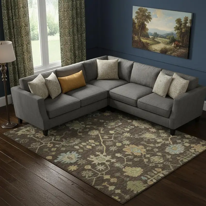 Brown Gold And Blue Floral Washable Area Rug With UV Protection Photo 2