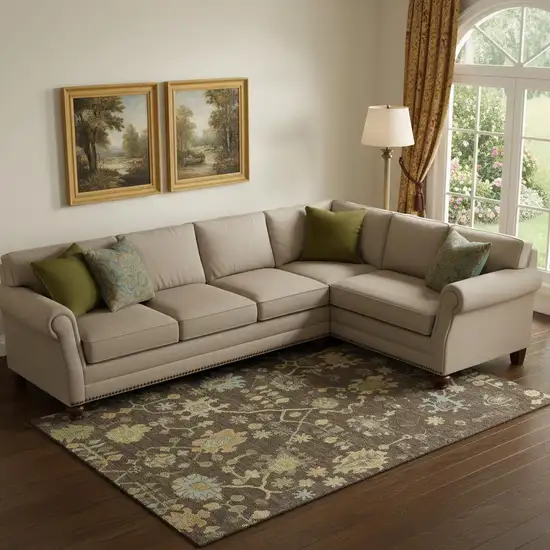 Brown Gold And Blue Floral Washable Area Rug With UV Protection Photo 2