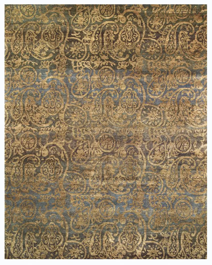 Brown Gold And Blue Wool Paisley Hand Knotted Area Rug Photo 2