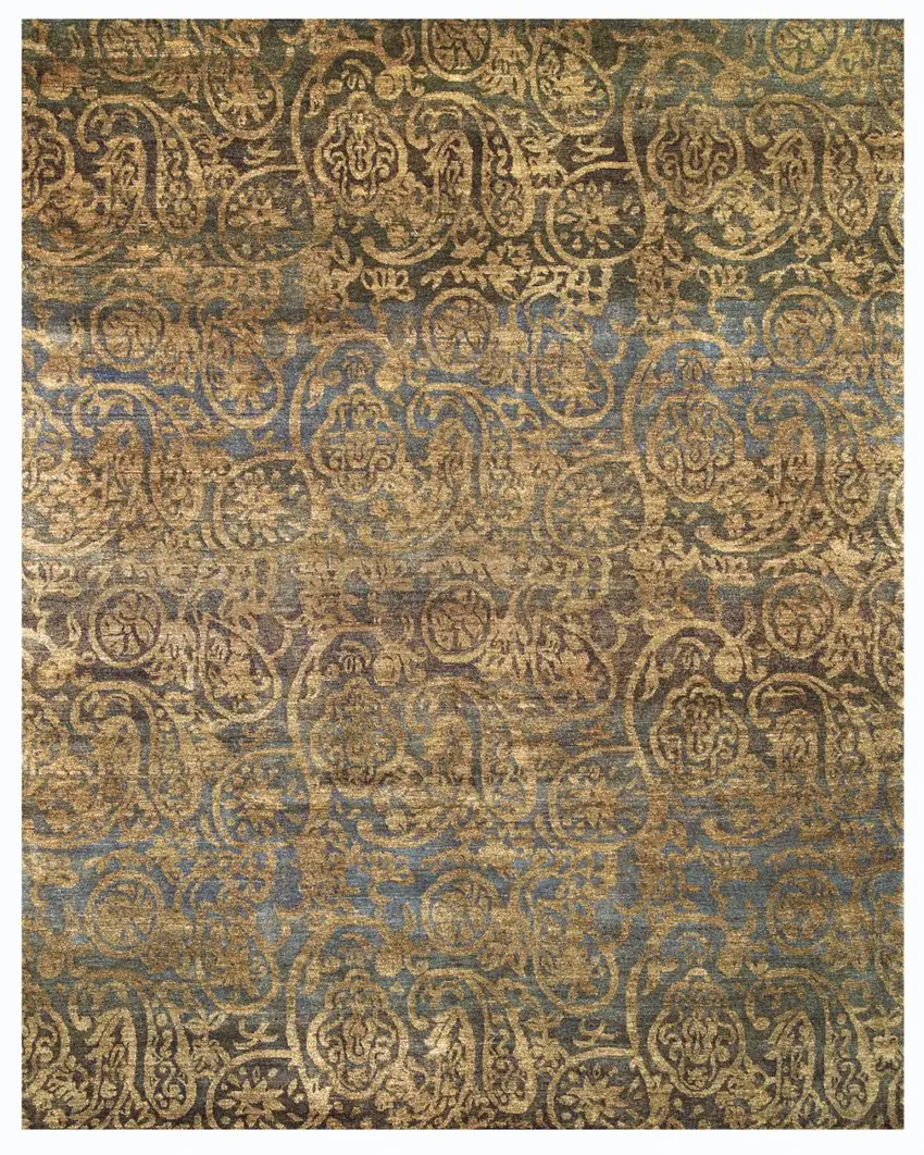 Brown Gold And Blue Wool Paisley Hand Knotted Area Rug Photo 4