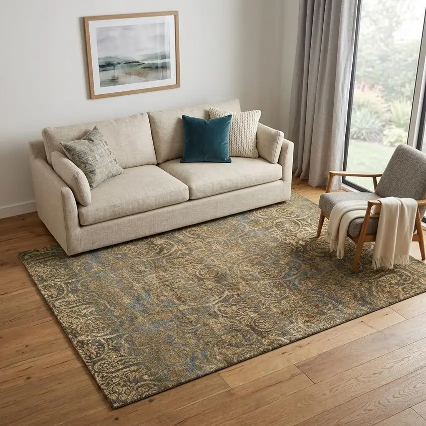 Brown Gold And Blue Wool Paisley Hand Knotted Area Rug Photo 1