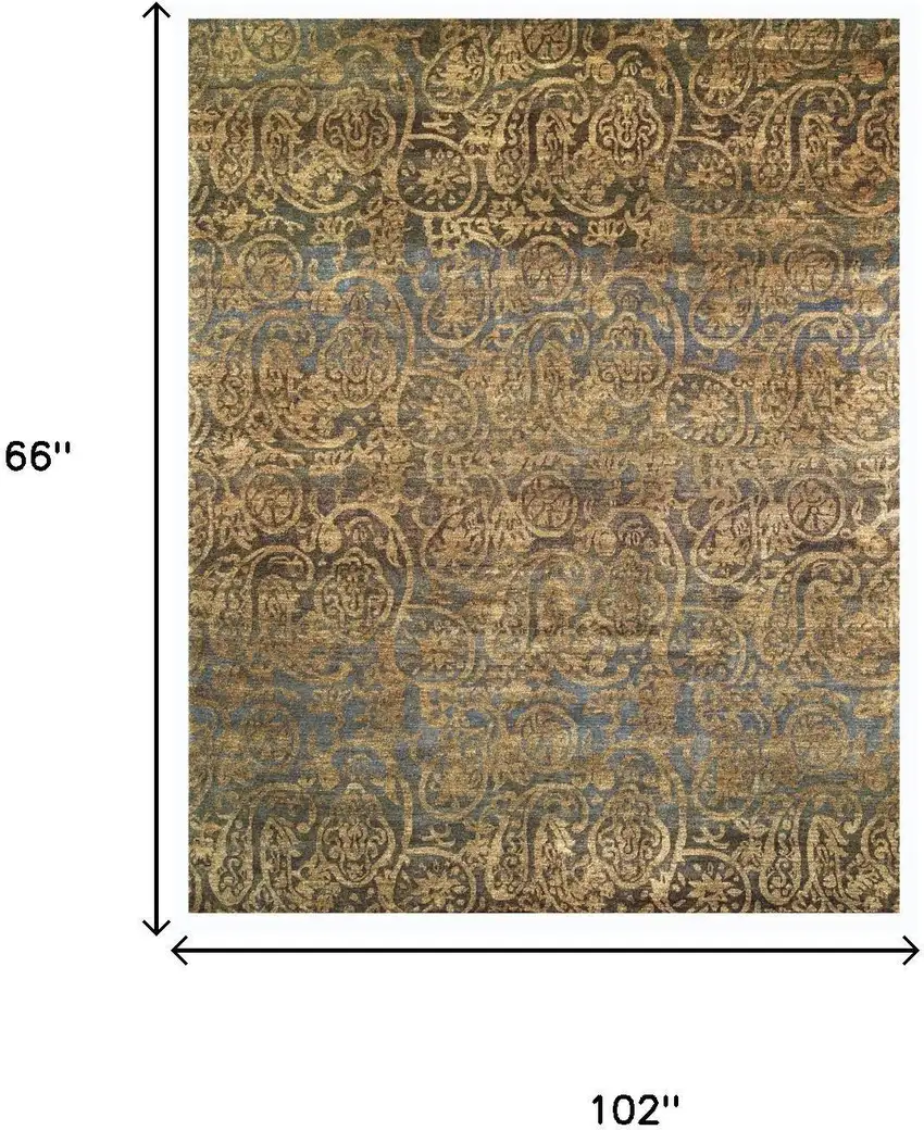 Brown Gold And Blue Wool Paisley Hand Knotted Area Rug Photo 5