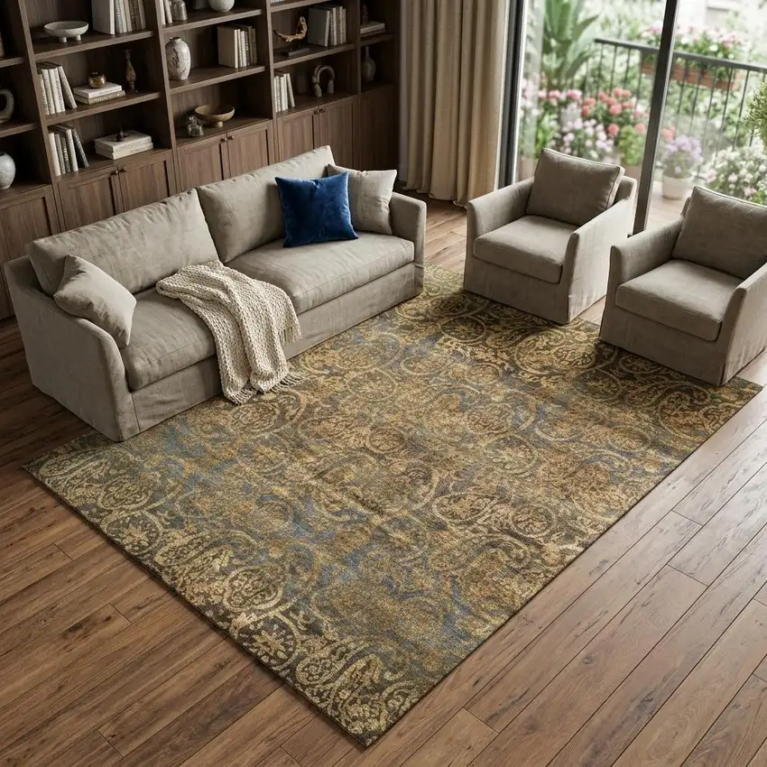 Brown Gold And Blue Wool Paisley Hand Knotted Area Rug Photo 1