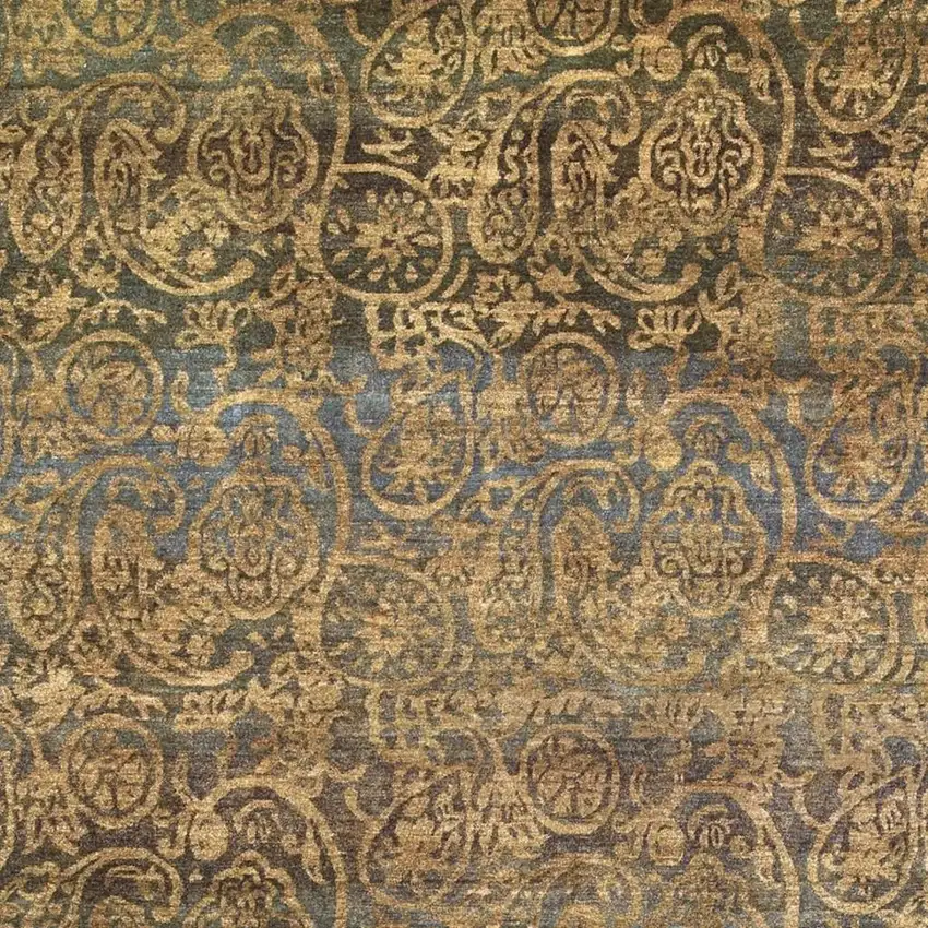 Brown Gold And Blue Wool Paisley Hand Knotted Area Rug Photo 3