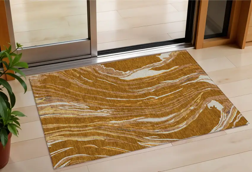 Brown Gold And Copper Abstract Washable Indoor Outdoor Area Rug Photo 1