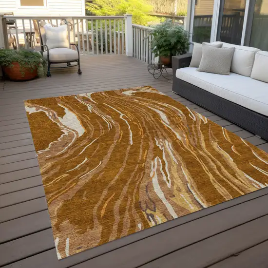 Brown Gold And Copper Abstract Washable Indoor Outdoor Area Rug Photo 8