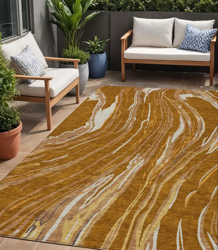 Brown Gold And Copper Abstract Washable Indoor Outdoor Area Rug Photo 1