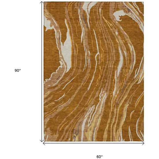 Brown Gold And Copper Abstract Washable Indoor Outdoor Area Rug Photo 3