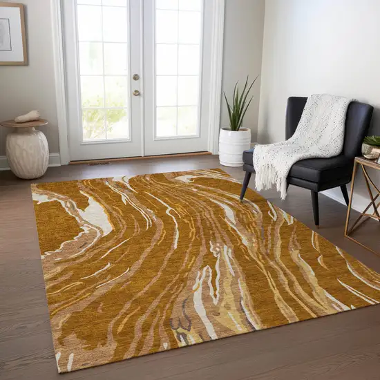 Brown Gold And Copper Abstract Washable Indoor Outdoor Area Rug Photo 9