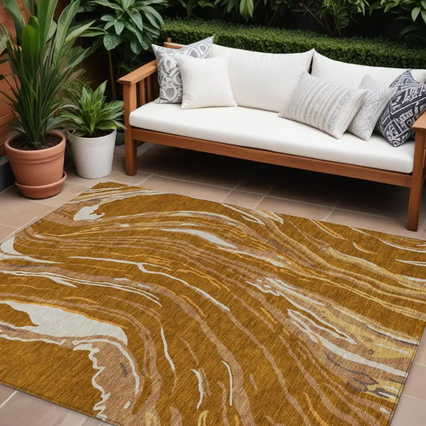 Brown Gold And Copper Abstract Washable Indoor Outdoor Area Rug Photo 1