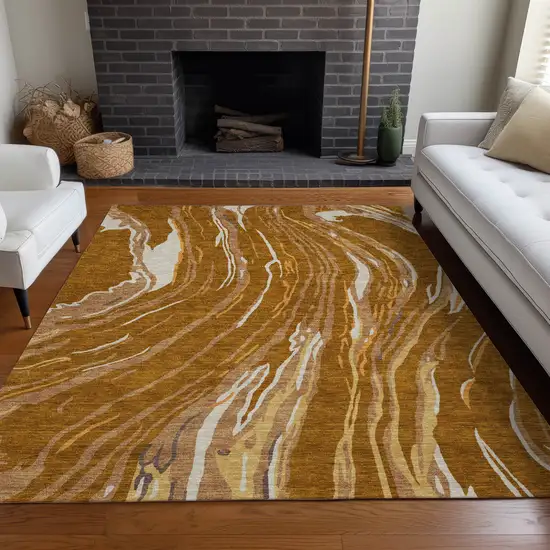 Brown Gold And Copper Abstract Washable Indoor Outdoor Area Rug Photo 9