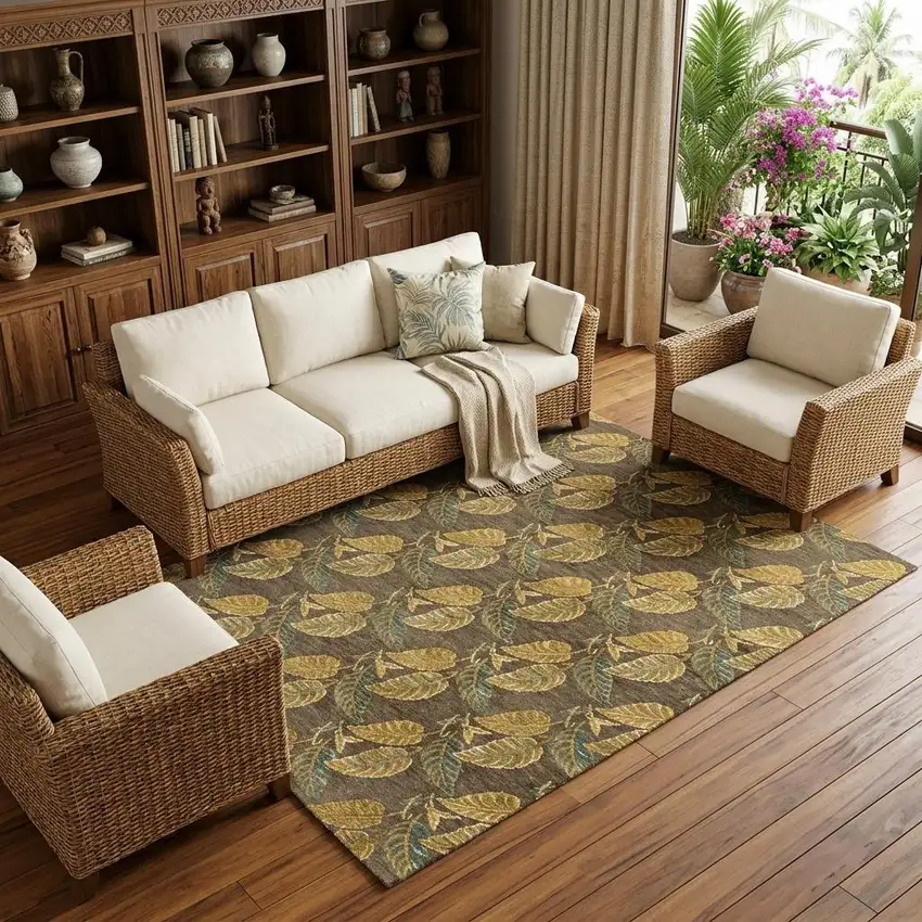 Brown Gold And Gray Floral Hand Knotted Area Rug Photo 1