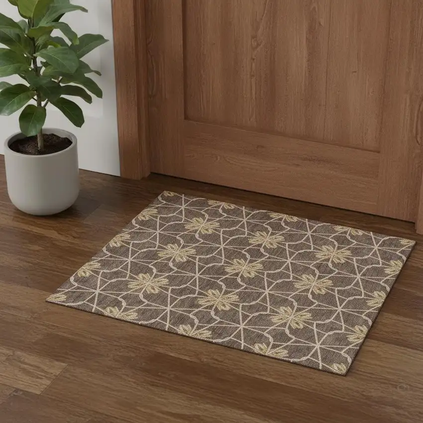 Brown Gold And Gray Geometric Washable Area Rug With UV Protection Photo 1