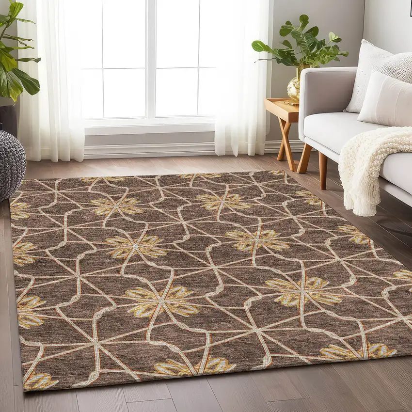 Brown Gold And Gray Geometric Washable Area Rug With UV Protection Photo 4