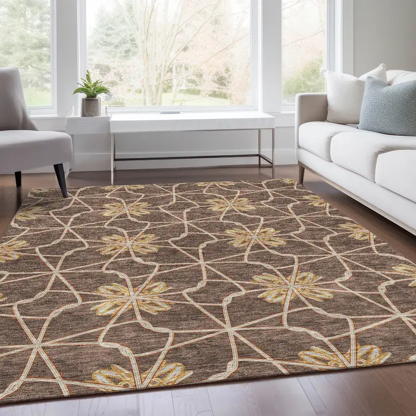Brown Gold And Gray Geometric Washable Area Rug With UV Protection Photo 5