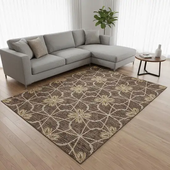 Brown Gold And Gray Geometric Washable Area Rug With UV Protection Photo 2