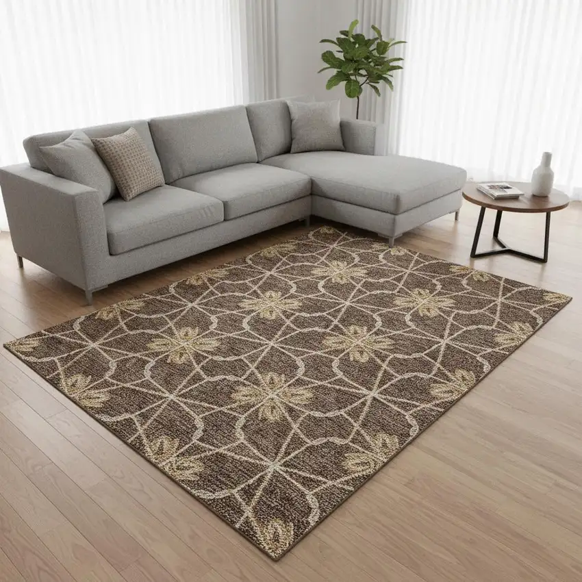 Brown Gold And Gray Geometric Washable Area Rug With UV Protection Photo 2