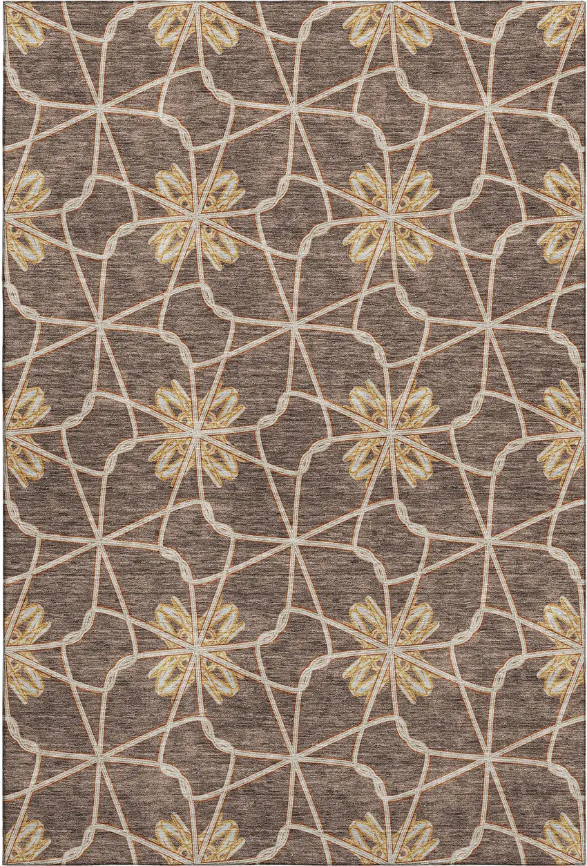 Brown Gold And Gray Geometric Washable Area Rug With UV Protection Photo 1