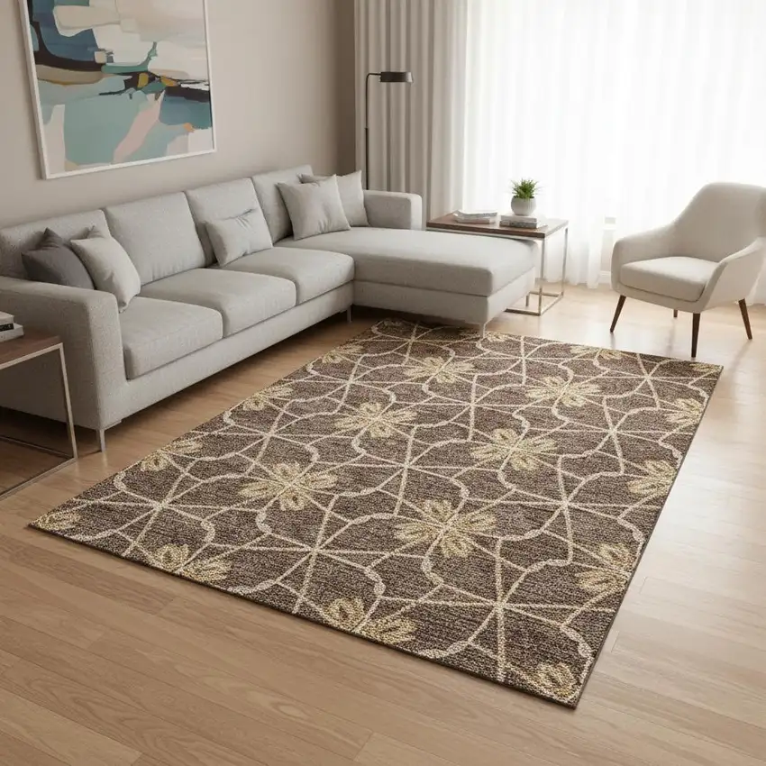 Brown Gold And Gray Geometric Washable Area Rug With UV Protection Photo 2
