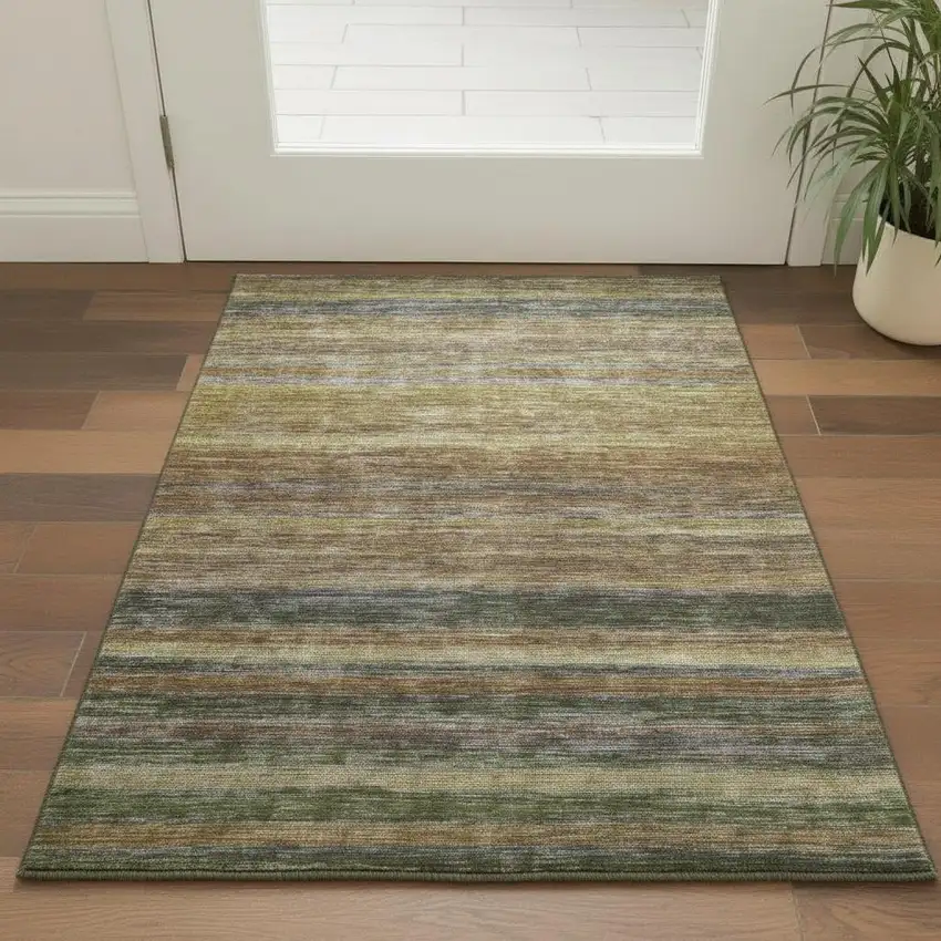 Brown Gold And Gray Striped Washable Area Rug With UV Protection Photo 2