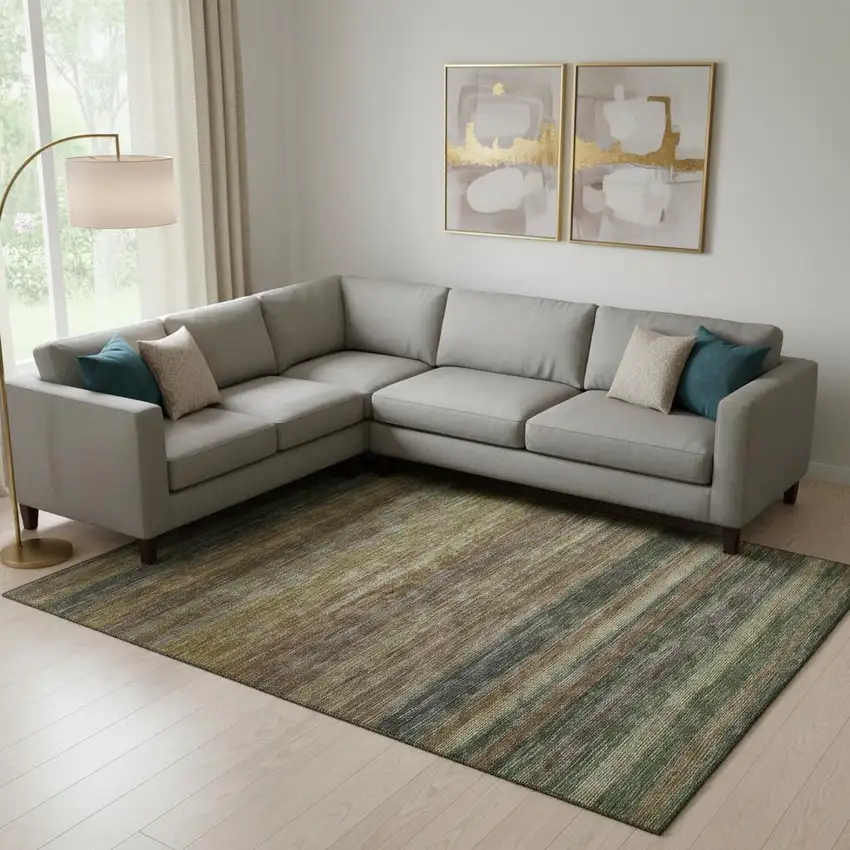 Brown Gold And Gray Striped Washable Area Rug With UV Protection Photo 2