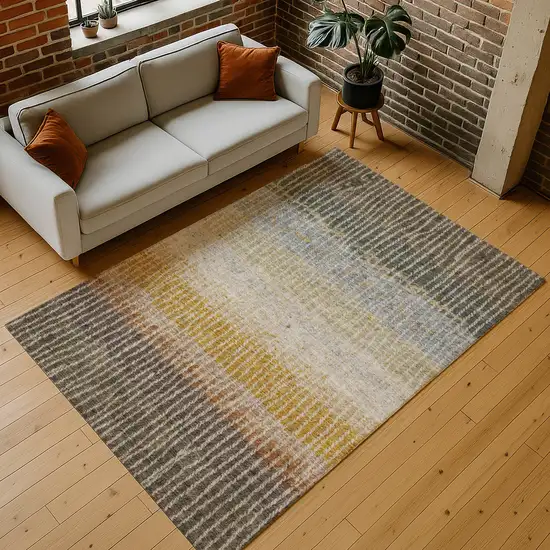 Brown Gold And Gray Striped Washable Indoor Outdoor Area Rug Photo 9