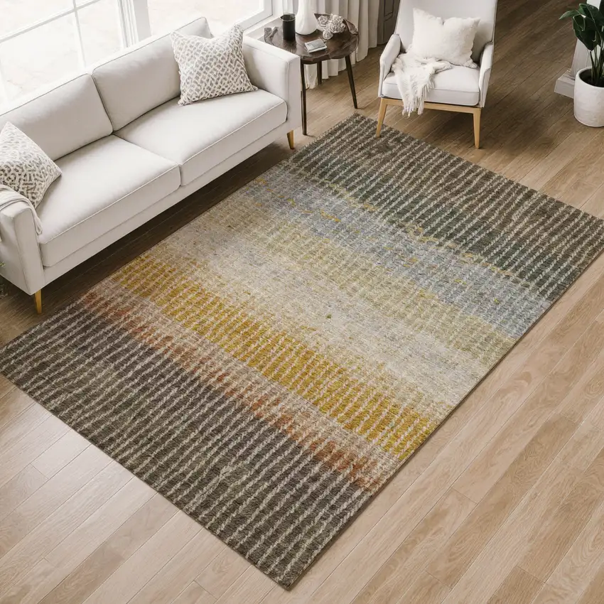 Brown Gold And Gray Striped Washable Indoor Outdoor Area Rug Photo 8