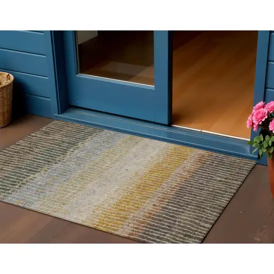 Brown Gold And Gray Striped Washable Indoor Outdoor Area Rug Photo 1