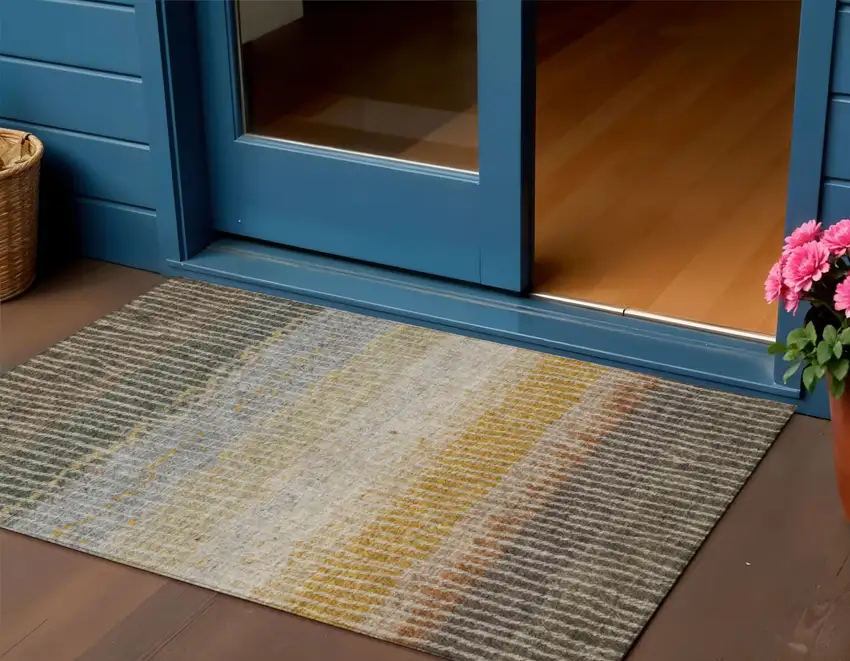 Brown Gold And Gray Striped Washable Indoor Outdoor Area Rug Photo 1