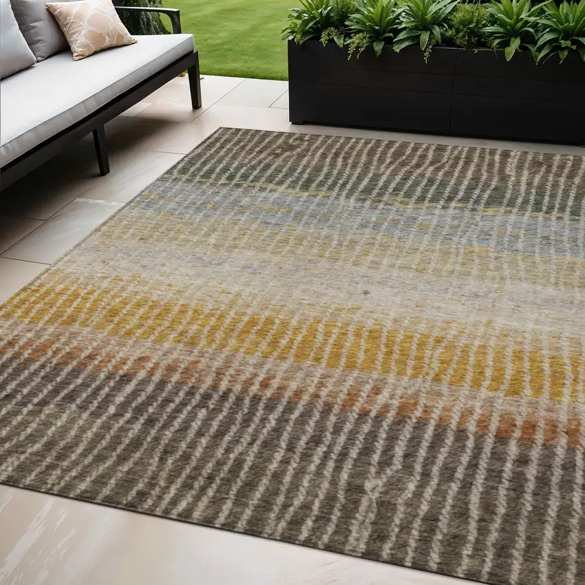 Brown Gold And Gray Striped Washable Indoor Outdoor Area Rug Photo 1