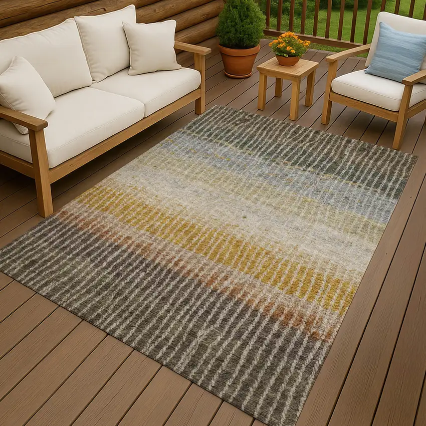 Brown Gold And Gray Striped Washable Indoor Outdoor Area Rug Photo 9