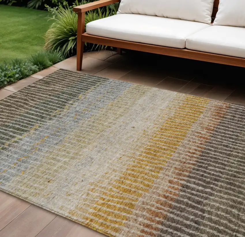 Brown Gold And Gray Striped Washable Indoor Outdoor Area Rug Photo 1