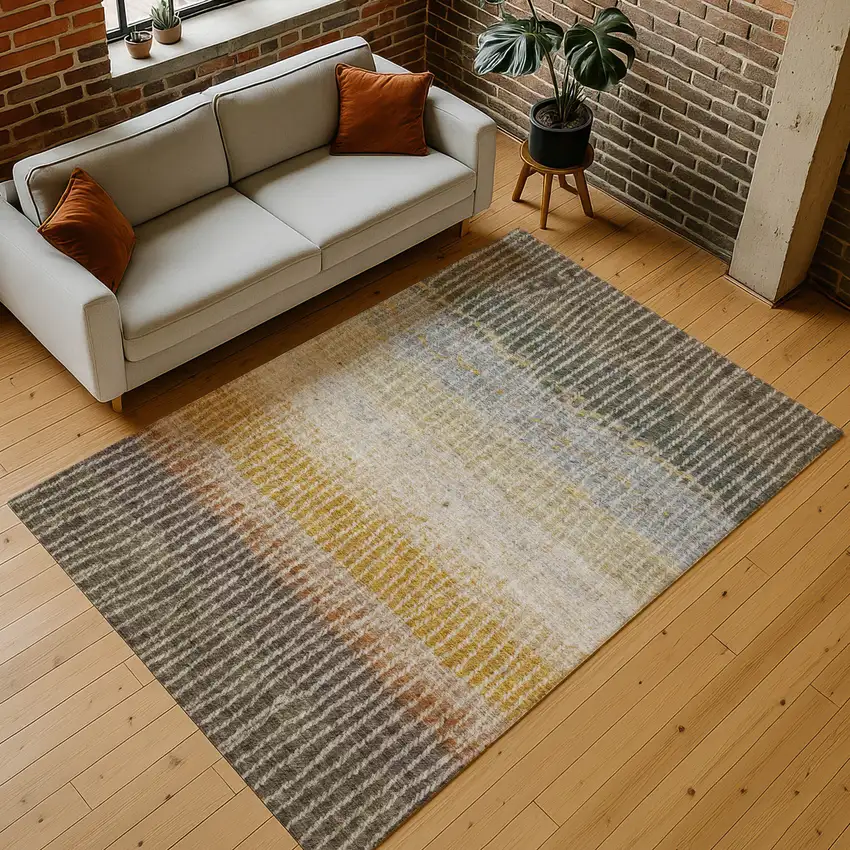 Brown Gold And Gray Striped Washable Indoor Outdoor Area Rug Photo 9