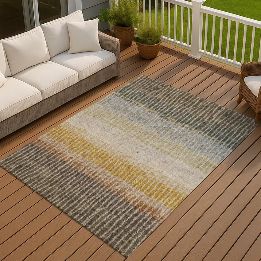 Brown Gold And Gray Striped Washable Indoor Outdoor Area Rug Photo 8