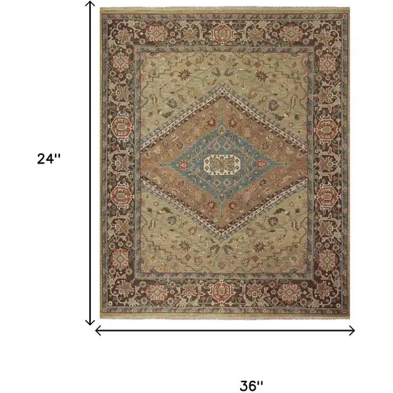 Brown Gold And Green Wool Oriental Hand Knotted Area Rug Photo 4