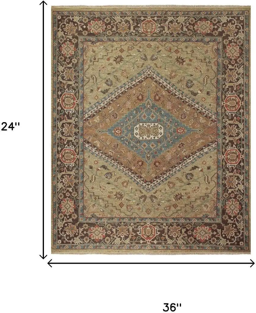 Brown Gold And Green Wool Oriental Hand Knotted Area Rug Photo 4