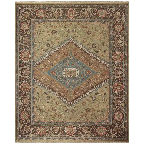 Brown Gold And Green Wool Oriental Hand Knotted Area Rug Photo 2