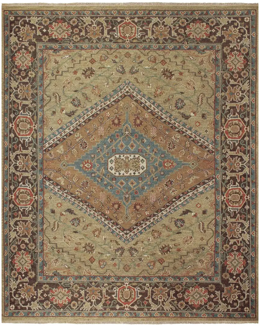 Brown Gold And Green Wool Oriental Hand Knotted Area Rug Photo 2