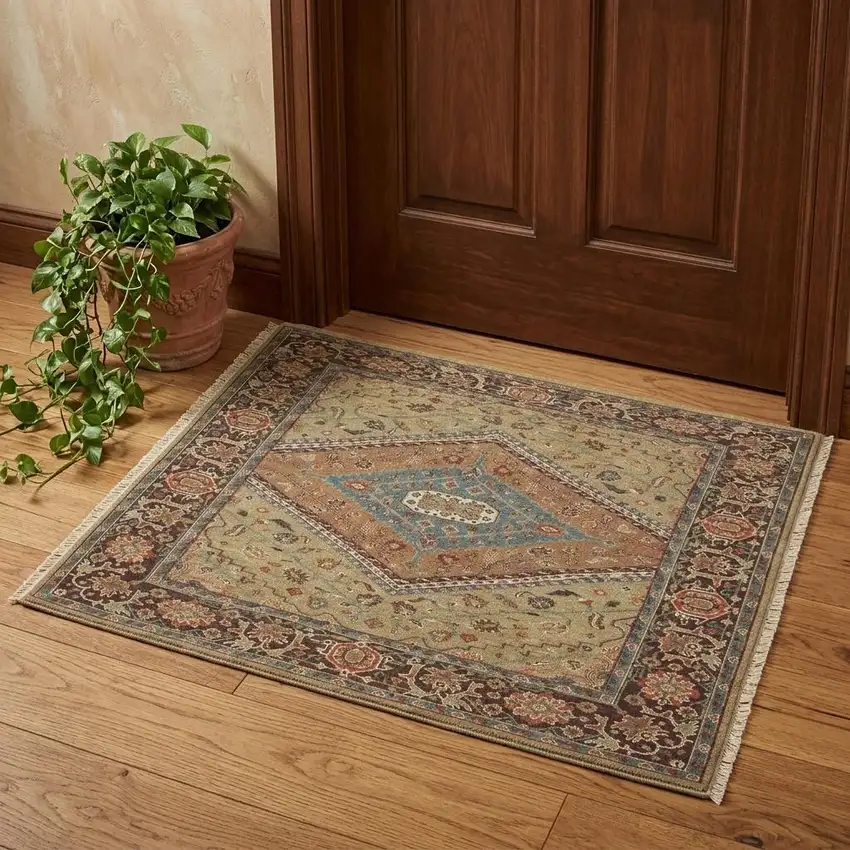 Brown Gold And Green Wool Oriental Hand Knotted Area Rug Photo 1