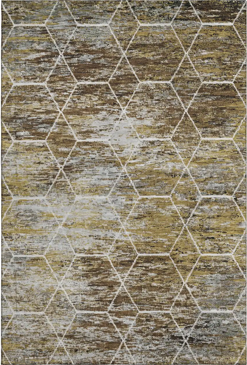 Brown Gold And Ivory Geometric Washable Area Rug With UV Protection Photo 1