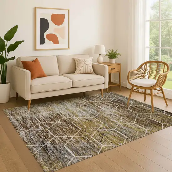 Brown Gold And Ivory Geometric Washable Area Rug With UV Protection Photo 4