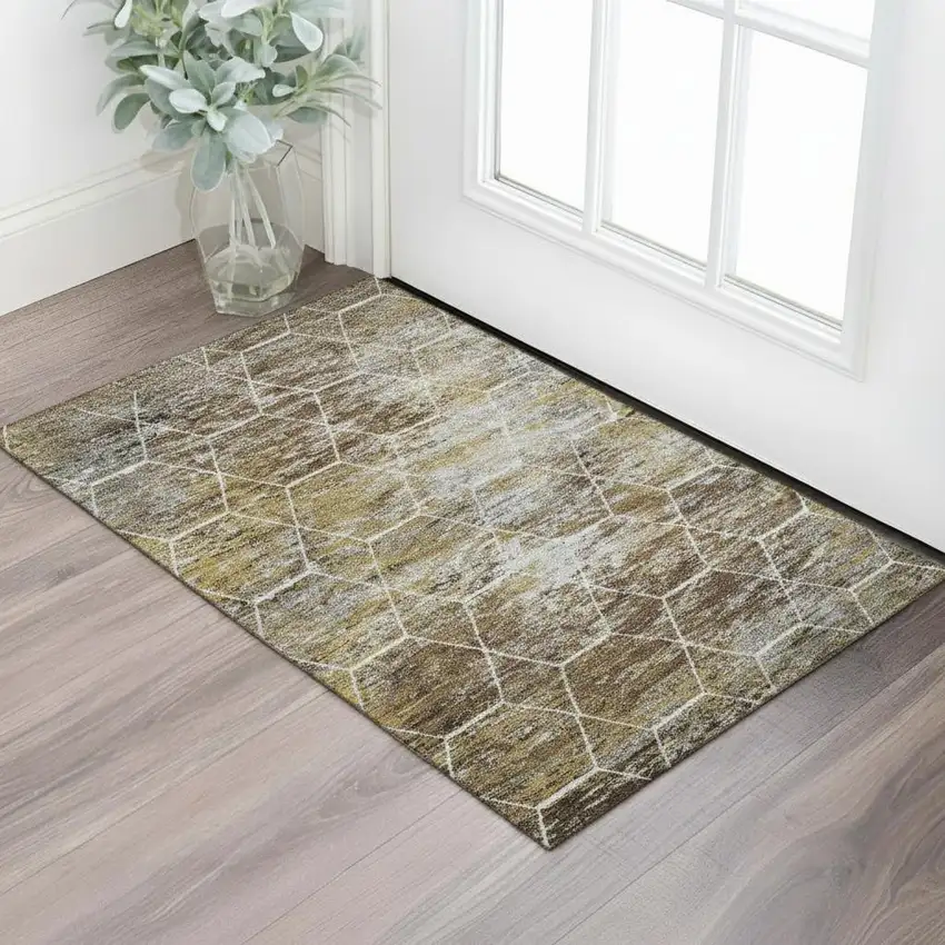 Brown Gold And Ivory Geometric Washable Area Rug With UV Protection Photo 2