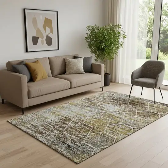 Brown Gold And Ivory Geometric Washable Area Rug With UV Protection Photo 2