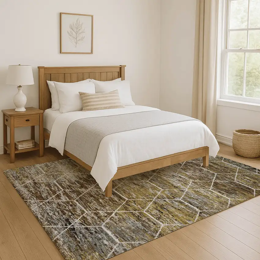 Brown Gold And Ivory Geometric Washable Area Rug With UV Protection Photo 5