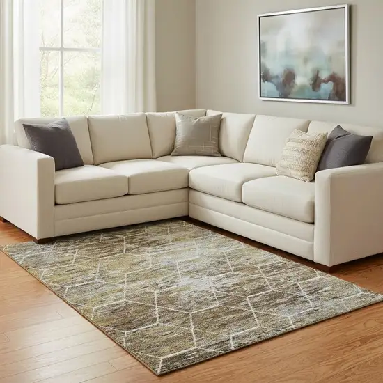 Brown Gold And Ivory Geometric Washable Area Rug With UV Protection Photo 2