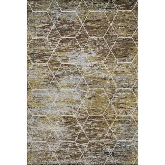 Brown Gold And Ivory Geometric Washable Area Rug With UV Protection Photo 1